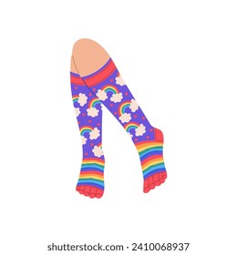 Knee socks with colorful rainbow pattern, flat hand drawn vector illustration isolated on white background. Female feet in funny odd knee socks, item of garment.