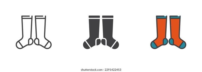Knee socks different style icon set. Line, glyph and filled outline colorful version, outline and filled vector sign. Symbol, logo illustration. Vector graphics
