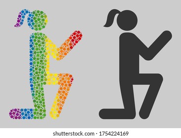 Knee standing girl collage icon of filled circles in different sizes and rainbow color tones. A dotted LGBT-colored Knee standing girl for lesbians, gays, bisexuals, and transgenders.