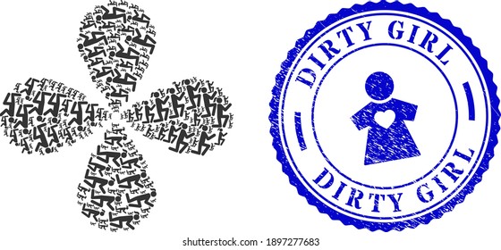 Knee standing girl curl flower with four petals, and blue round DIRTY GIRL dirty stamp with icon inside. Element flower organized from oriented knee standing girl items.