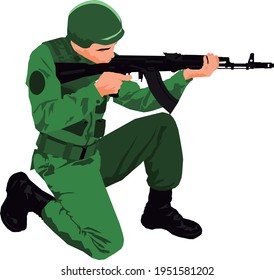 Knee vectorized soldier with kalashnikov assault rifle ready to fire at an enemy