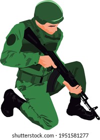 Knee vectorized soldier with kalashnikov assault rifle in ready down position 