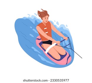 Kneeboarding, deporte acuático. Mujer feliz montando rodilla a bordo en el mar. Personas activas arrodillándose, navegando en el océano. Diversión de verano, actividad. Ilustración vectorial gráfica plana aislada en fondo blanco