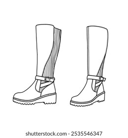 Knee-high boots wedge tall fall boots round toe with buckle platform boots line art. Technical sketch hand-drawing outline vector doodle illustration. Isolated on a white background