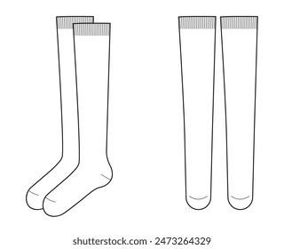 Kniehohe Socken-Längenset. Mode Strumpfwaren Accessoire Bekleidung technische Illustration Strumpf. Vektorgrafik vorne, Seitenansicht für Herren, Damen, Unisex-Stil, flache Vorlage CAD Mockup Skizze isoliert