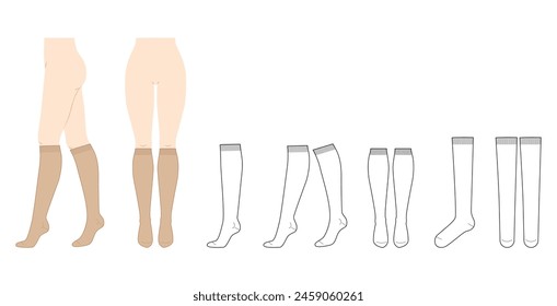 Kniehohe Socken, die auf Damenbeine und CAD-Vorlage-Mockup gesetzt sind. Strumpfwaren Mode Accessoire Bekleidung technische Illustration Strumpf. Vektorgrafik vorne, Seitenansicht, Skizzenumriss weiß