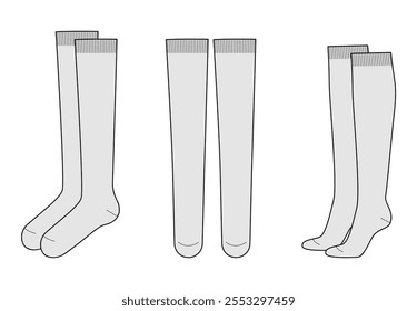 Kniehohe Socken. Mode Strumpfwaren Zubehör Kleidung technische Illustration Strumpf. Vektorfront, Seitenansicht für Männer, Frauen, flache Vorlage CAD-Skizze Skizze Umriss einzeln auf weißem Hintergrund 