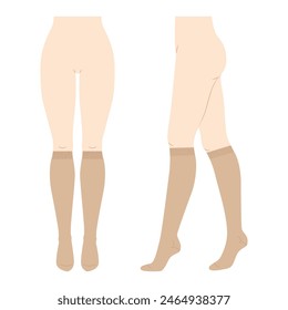 Knee-high Socks Set on women legs - natural beige and line style. Hosiery Fashion accessory clothing technical illustration stocking. Vector front, side view, flat template mockup on white background