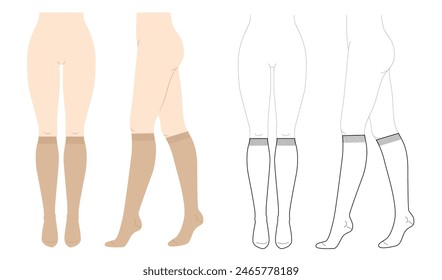 Knee-high Socks Set on women legs - natural beige and line style. Hosiery Fashion accessory clothing technical illustration stocking. Vector front, side view, flat template mockup sketch outline