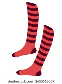 Kniehohe gestreifte Socken in roten und dunklen Farben. Kühne und lustige Mode-Illustration.