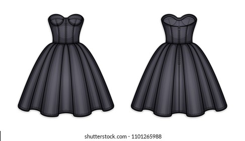 Knee-length black corset bodice dress with strapless neckline, panel lines and cups, seam at waist, back zip closure, flared skirt with pleats. Back and front. Technical flat sketch, vector.