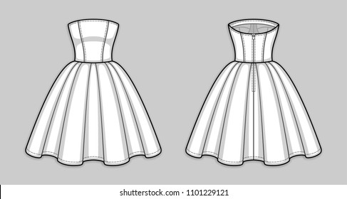 Knee-length corset bodice dress with strapless straight across neckline, seam at waist, back zip closure, flared skirt with pleats. Back and front. Technical flat sketch. Vector illustration.