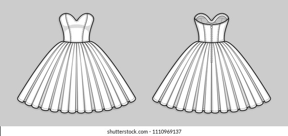 Knee-length corset bodice dress with strapless sweetheart neckline, panel lines, seam at waist, back zip closure, full volume skirt. Back and front. Technical flat sketch. Vector illustration.