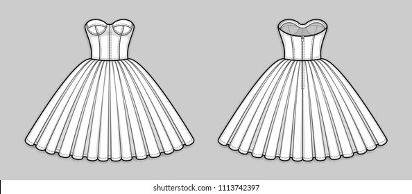 Knee-length corset bodice dress with strapless neckline, panel lines and cups, seam at waist, back zip closure, full volume skirt. Back and front. Technical flat sketch. Vector illustration.