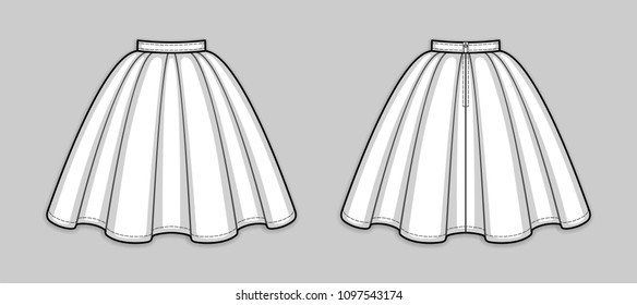 Knee-length flared skirt with pleats, banded waist, back zip closure. Back and front. Technical flat sketch. Vector illustration.