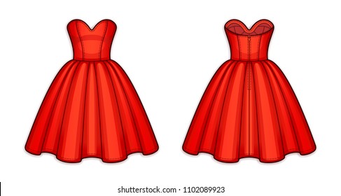 Knee-length red corset bodice dress with strapless sweetheart neckline, panel lines, seam at waist, back zip closure, flared skirt with pleats. Back and front. Technical flat sketch, vector.