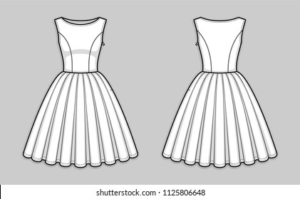 Knee-length sleeveless bodice dress with boat neckline, seam at waist, hidden side closure, box pleated skirt. Back and front. Technical flat sketch. Vector illustration.