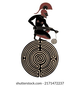 Kneeling ancient Greek warrior man seated on top of a round spiral maze or labyrinth symbol and holding a yarn ball. Theseus. Ariadne's thread. Creative mythological concept. 