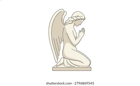 Kneeling angel statue with folded wings prays on a pedestal, offering a serene and classic representation of religious art for spiritual or memorial design projects.