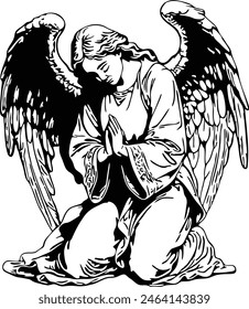 kneeling angel with wings praying with head down outline silhouette