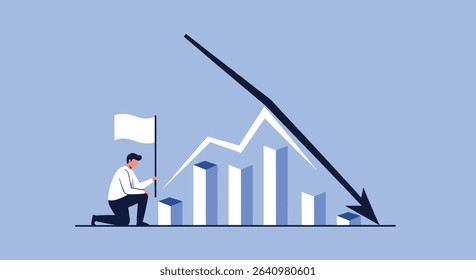 Kneeling Business Man Looking at a Downward Graph Chart and White Flag