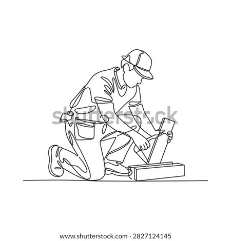 Kneeling electrician with toolbox continuous line drawing style