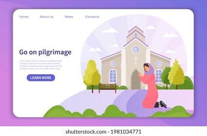 Kneeling female pilgrim reached christian cathedral and praying. Concept of christian pilgrimages visiting the saint places. Website, web page, landing page template. Flat cartoon vector illustration