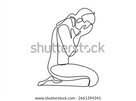 Kneeling Figure in Distress. Continuous Line. Single Continuous line drawing of Depressed . Bad mood, Unhappy , sorrow, melancholy, negative emotions concept. Worried people concept