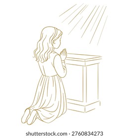 Kneeling girl praying at the altar in rays of light . A girl in a long dress, kneeling with clasped hands. Perfect graphic for communion invitations, religious cards and devotional materials.
