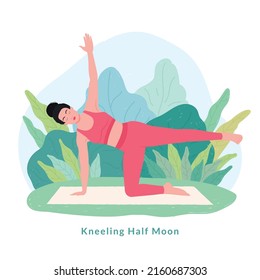 Kneeling Half Moon Yoga pose. Young woman woman doing yoga for Yoga Day Celebration.