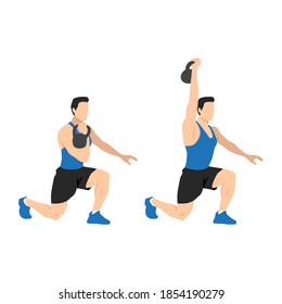 Kneeling Kettlebell Press Exercise. Flat Vector Illustration Isolated On White Background.Workout Character