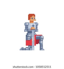 Kneeling knight with a sword pixel art male character isolated vector illustration. Design for sticker, logo, mobile app and embroidery. Game assets 8-bit sprite.