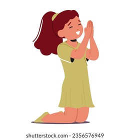 Kneeling Little Girl With Folded Hands, Eyes Closed, Deep In Prayer, Scene of Faith And Purity. Innocent Child Character Radiating A Sense Of Devotion And Purity. Cartoon People Vector Illustration