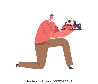 Kneeling Male Character Gracefully Holds A Tray Filled With An Assortment Of Colorful And Playful Kids Toys, Vector