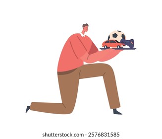 Kneeling Male Character Gracefully Holds A Tray Filled With An Assortment Of Colorful And Playful Kids Toys, Vector