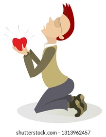 Kneeling man and heart symbol isolated illustration. Kneeling man stays on the kneel holds a heart symbol in the hands and prays for love isolated on white illustration
