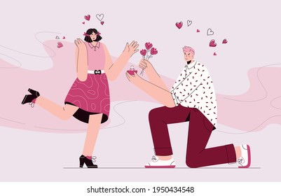 Kneeling man in love makes marriage proposal to happy woman. Young couple is getting engaged. Boyfriend and girlfriend. Romantic relationship, create new family concept. Vector character illustration