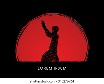 Kneeling Man Praying, designed on sunset or sunrise background graphic vector.