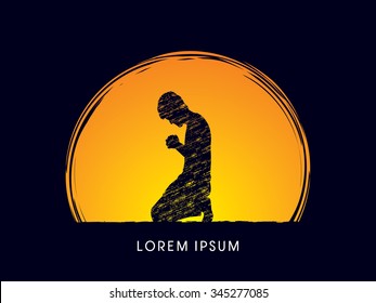 Kneeling Man Praying, designed on moonlight background graphic vector.