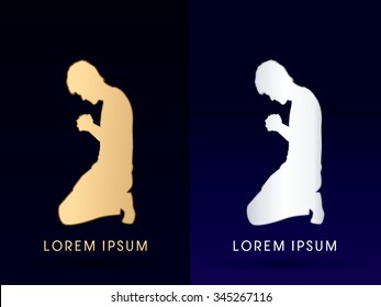 Kneeling Man Praying, Designed Using Gold Color Graphic Vector.