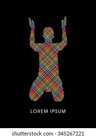 Kneeling Man Praying, designed using colorful line pixels graphic vector.