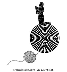 Kneeling medieval knight praying on top of a round spiral maze or labyrinth symbol and a yarn ball thread leading to it. Creative concept. Theseus and Ariadne thread. Black and white silhouette.