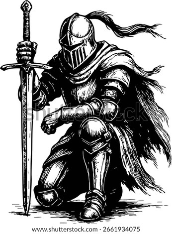 Kneeling Medieval Knight Vector – Warrior in Armor with Sword Silhouette for Tattoos, Cricut, and Religious Art Projects