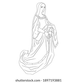 Kneeling medieval young lady in beautiful long dress. Black and white linear silhouette.