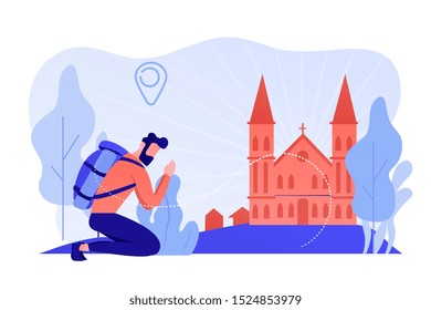 Kneeling pilgrim reached famous christian cathedral and praying. Christian pilgrimages, go on pilgrimage, visit the saint places concept. Pinkish coral bluevector isolated illustration