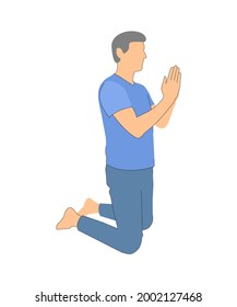 kneeling posture. kneeling man praying. man prays. petition, forgiveness - vector illustration isolate. prayer
