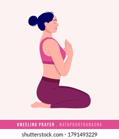 Kneeling Prayer - Nataprarthanasna Yoga pose. Young woman practicing yoga / exercise. Woman workout fitness, aerobic and exercises. Vector Illustration.