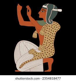 Kneeling praying ancient Egyptian man. Ethnic design. On black background.