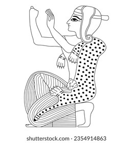 Kneeling praying ancient Egyptian man. Ethnic design. Black and white linear silhouette.