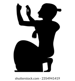 Kneeling praying ancient Egyptian man. Ethnic design. Black silhouette on white background.